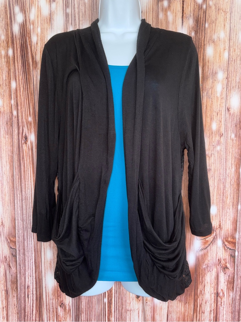 Aleyna by Zenana Black ¾ Sleeve Open Front Lace Back Cardigan